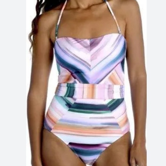 La Blanca Ocean Tides Bandeau Mio Swimsuit 6 Built in Bra Halter Retro #LB1JA10 - Picture 3 of 15